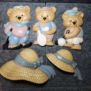 Vtg Burwood Products Bears & Straw Hats Wall Hang Golf Tennis Ski Blue Pink